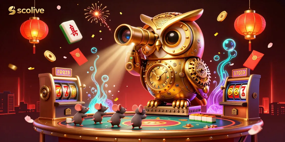 Socolive showcases a vibrant casino atmosphere with golden owl and wind-up mice among slot machines.