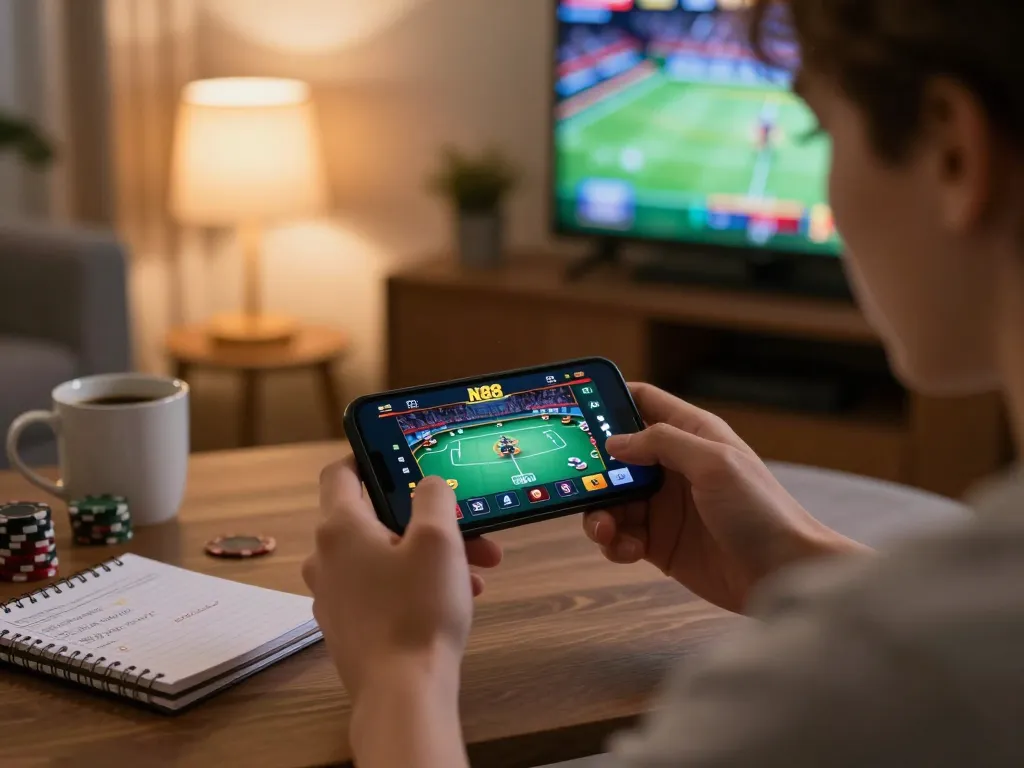 Engaging in online gambling with the N88 app showcasing vibrant gameplay and strategic decisions at home.