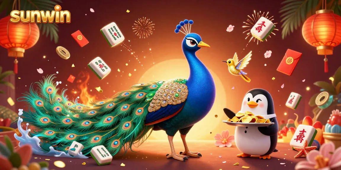 Win big at sunwin with this vibrant 3D illustration showcasing a peacock and casino elements
