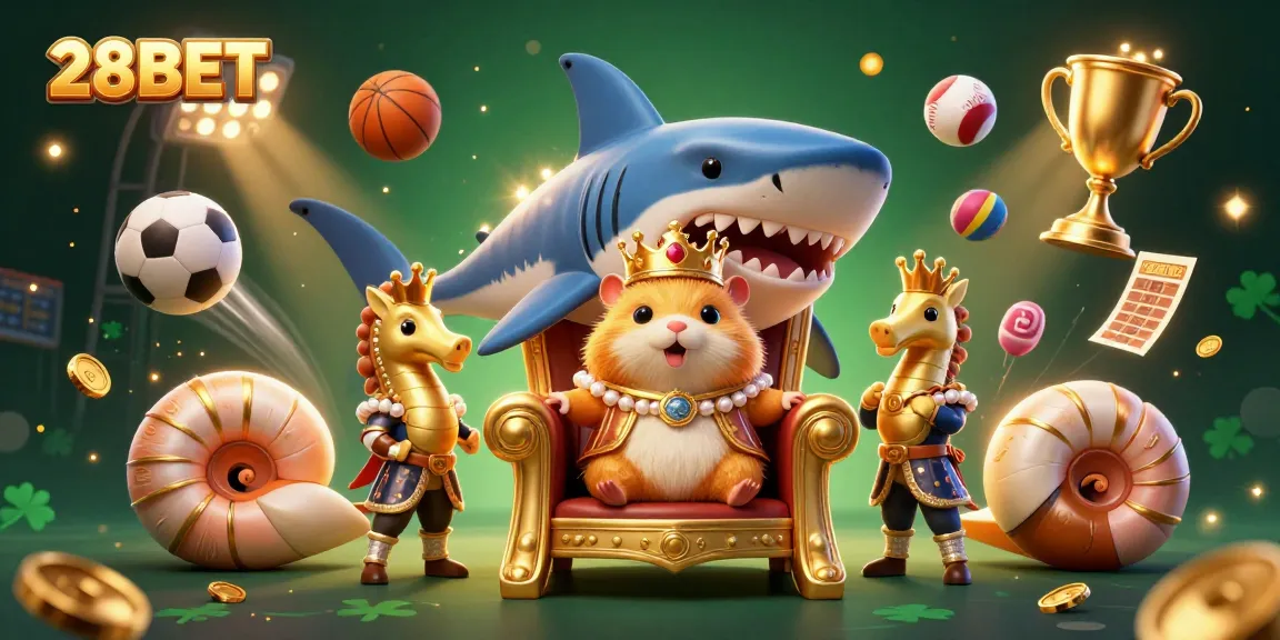 Bet big with 28BET in a vibrant casino scene featuring a golden hamster king and sports elements.