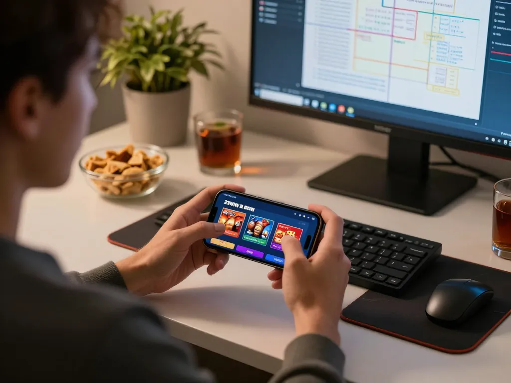 Experience the thrill of gaming with 23WIN casino app on smartphone in a cozy home setup