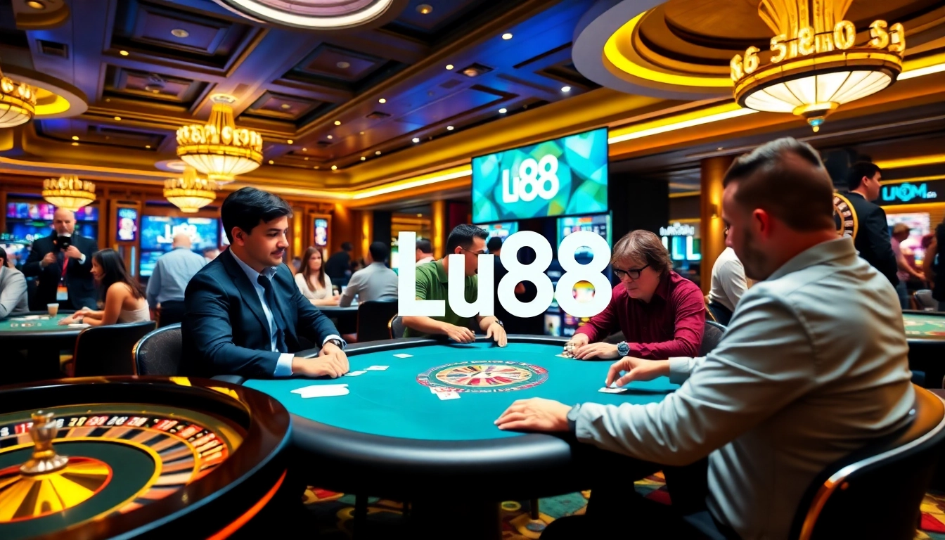 Lu88 players enjoying a thrilling poker game in an elegant casino environment.