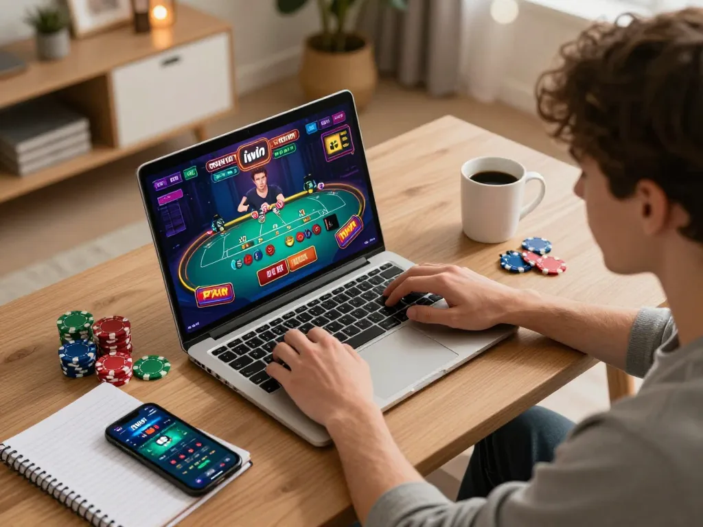 A player enjoying iwin games on a laptop, showcasing an engaging and strategic online gambling setup.