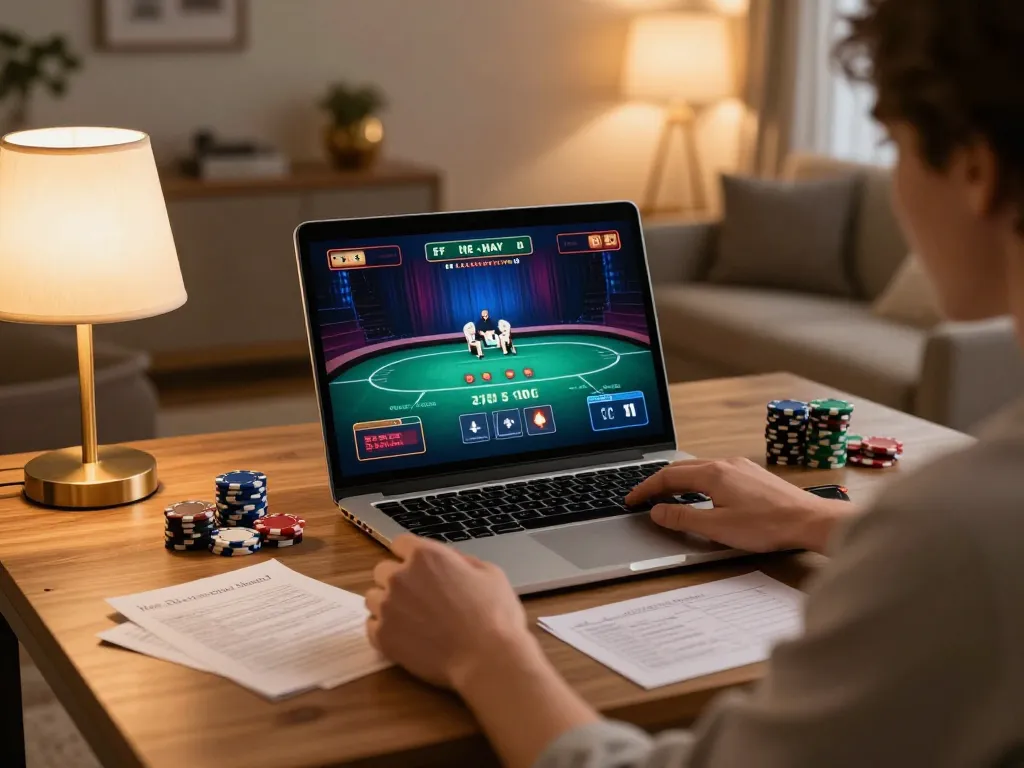 LLWIN online casino gaming scene with player focused on live poker strategy.