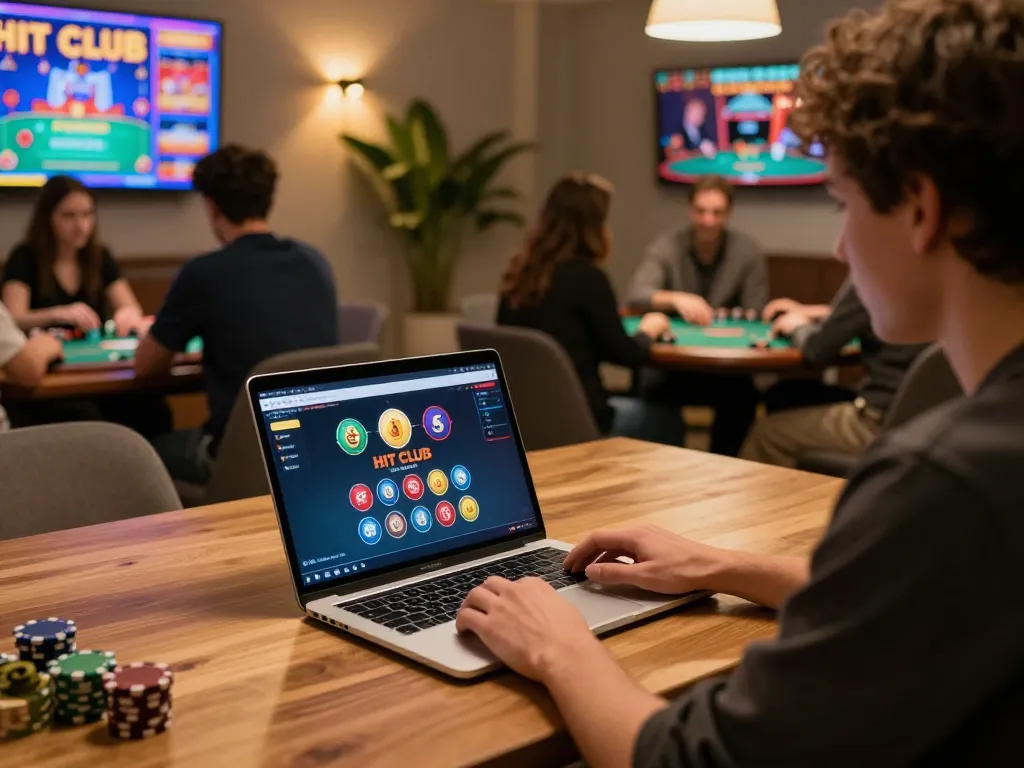 Engaged user playing HIT CLUB on a laptop, highlighting online casino strategy in a cozy home setting