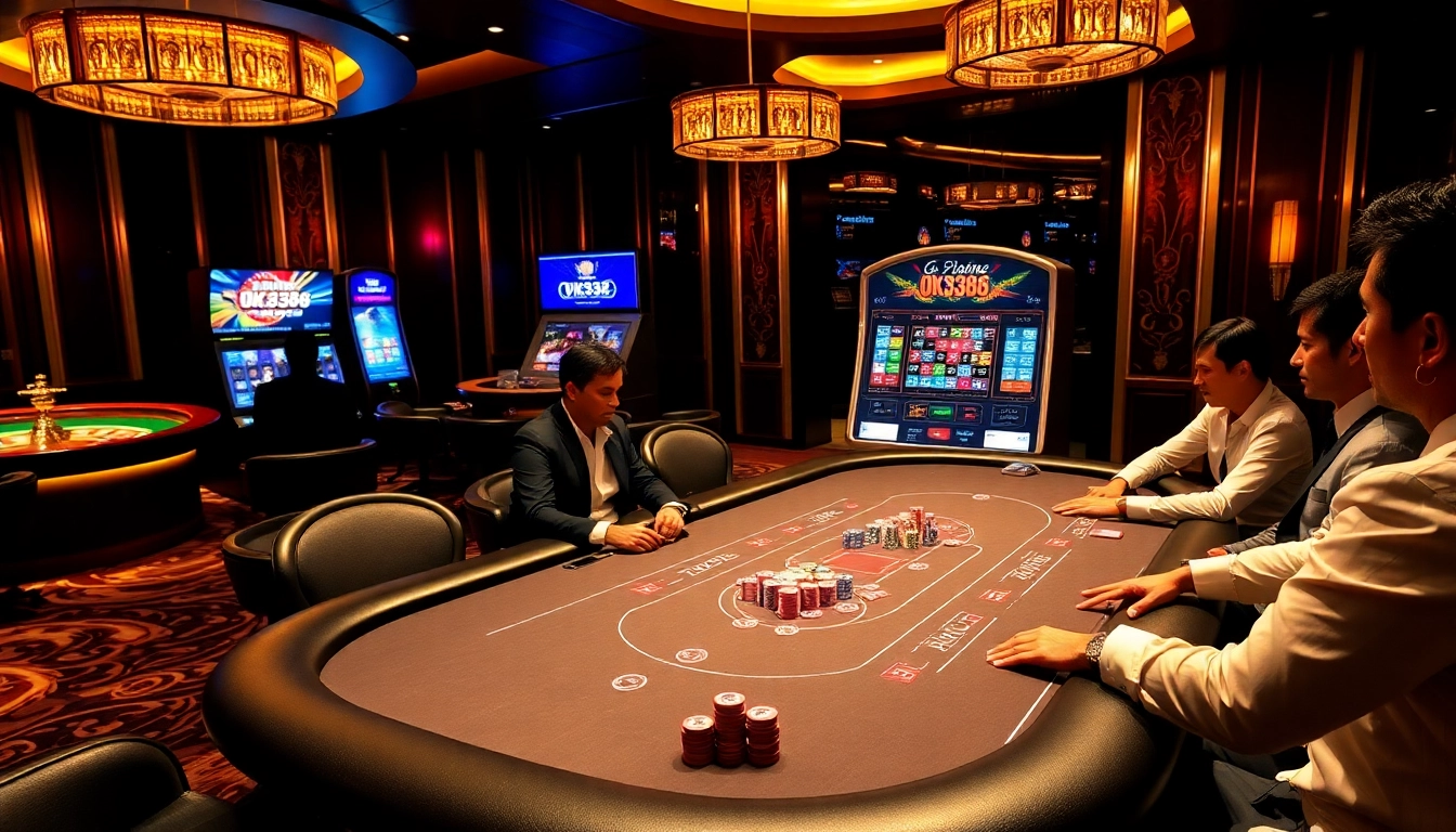 Players engaged in a thrilling poker match at a luxury casino, inspired by OK8386.