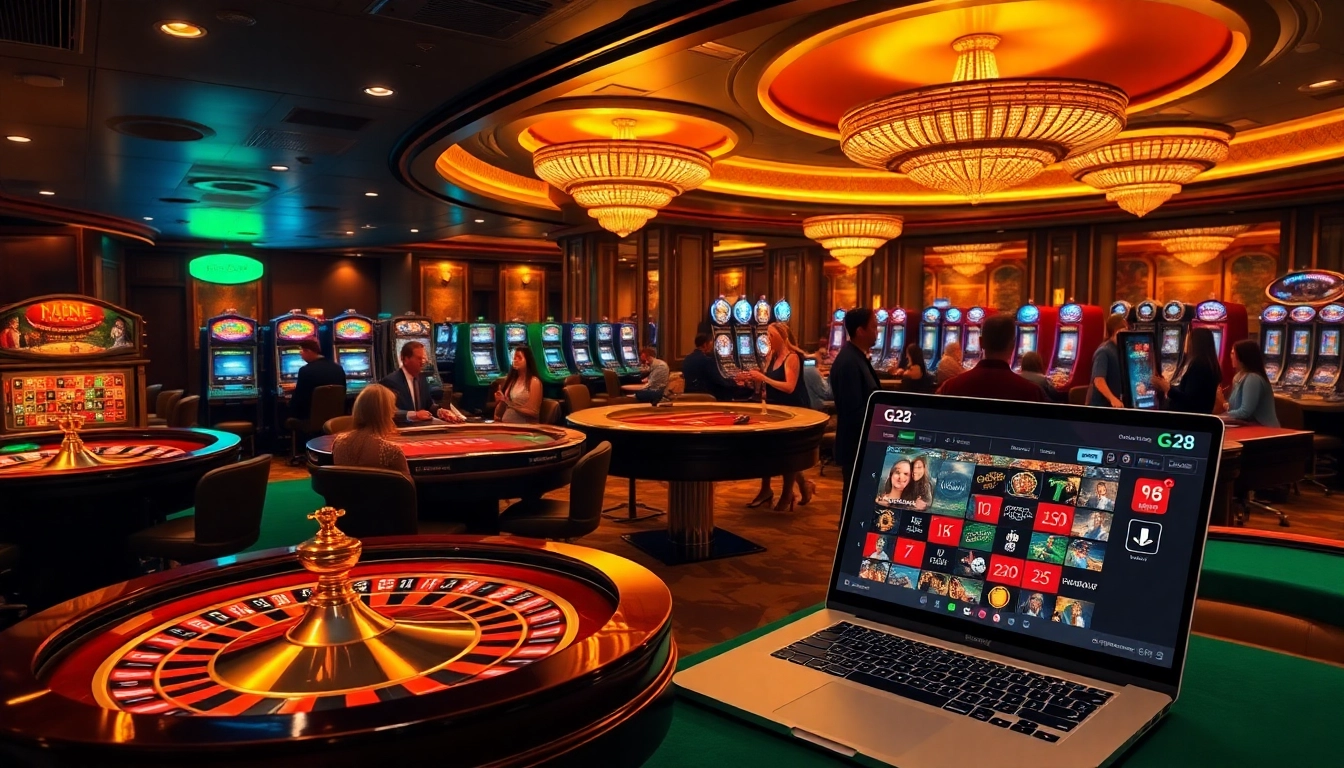 A vibrant casino scene showcasing G28 online gaming with players at roulette and poker tables.