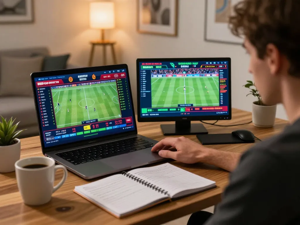 Engaging in sports betting on 888top from a cozy home setup, focused on laptop screen with live stats and notes.