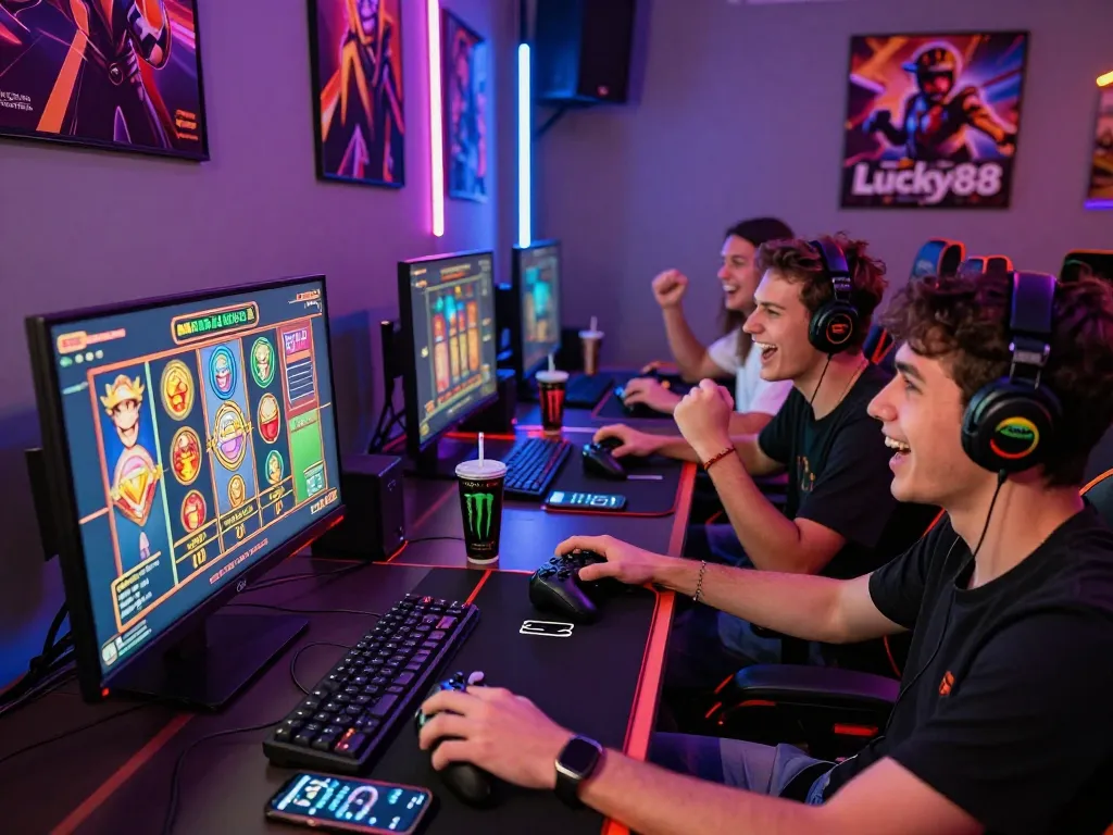 Cổng game Lucky88 vibrant gaming scene with friends enjoying online slot games, energized atmosphere