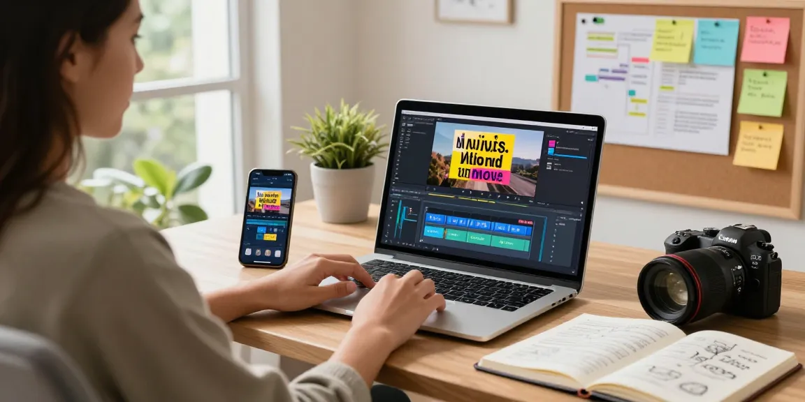 Easily write text on video in a modern home office, showcasing a vibrant video editing interface.