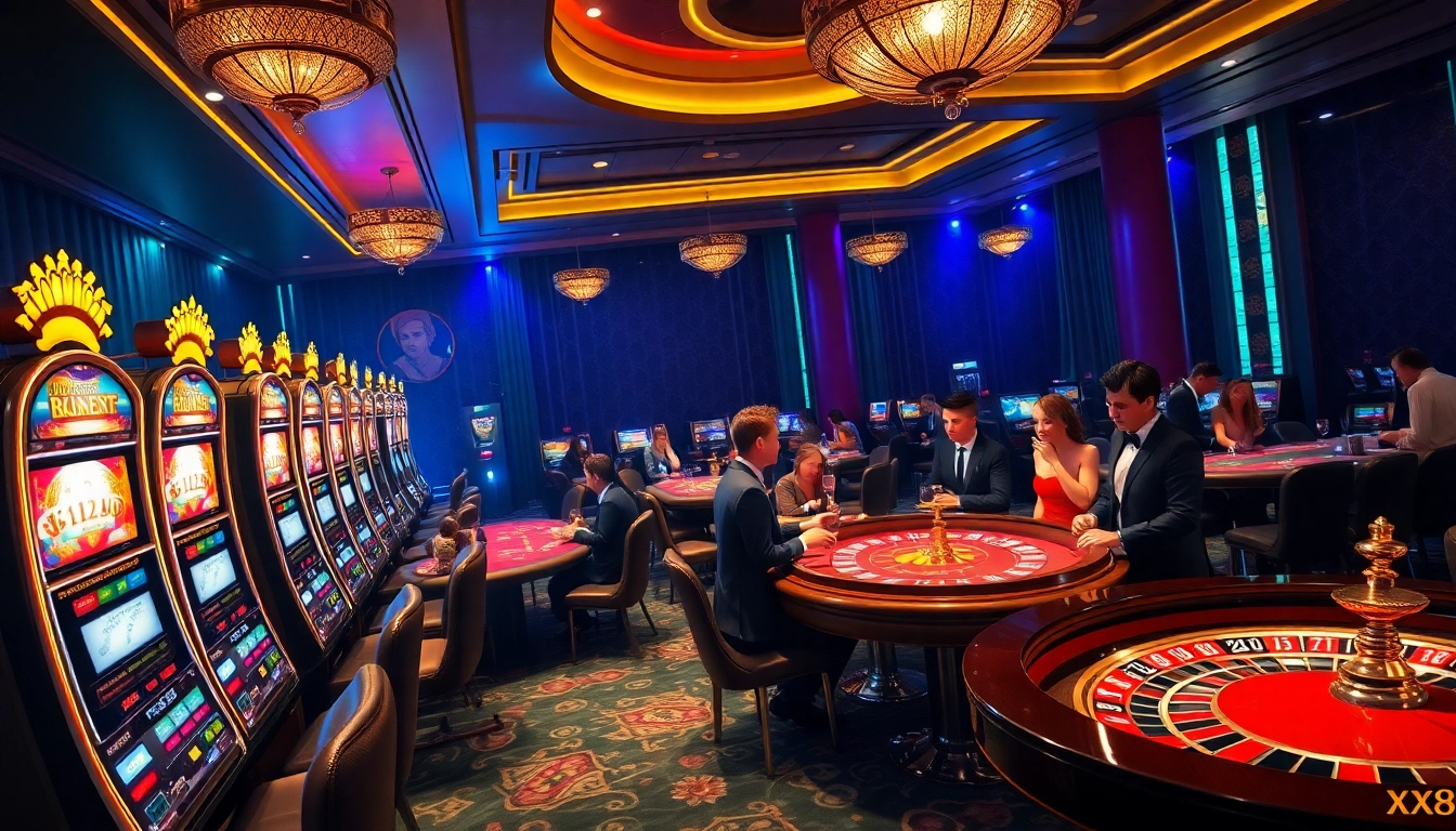 Experience the excitement of xx88 com with players enjoying slot machines and poker tables in a luxury casino setting.