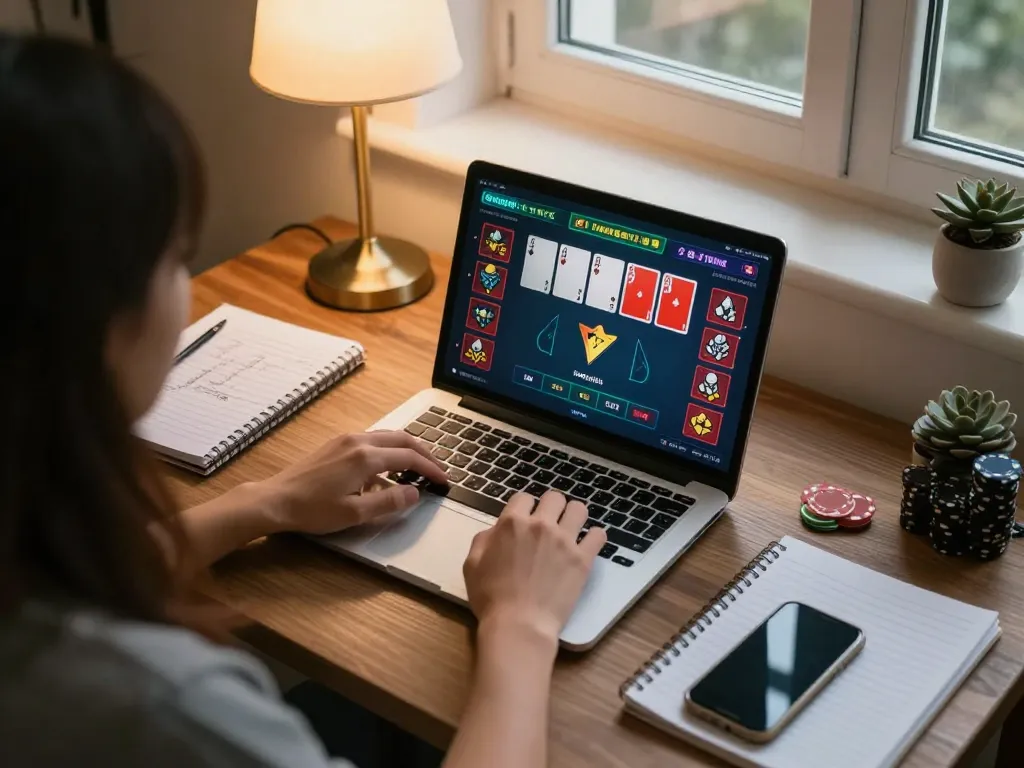 Engaging poker gameplay at home with a laptop and strategic notes, showcasing https://n188.build/ for online gaming