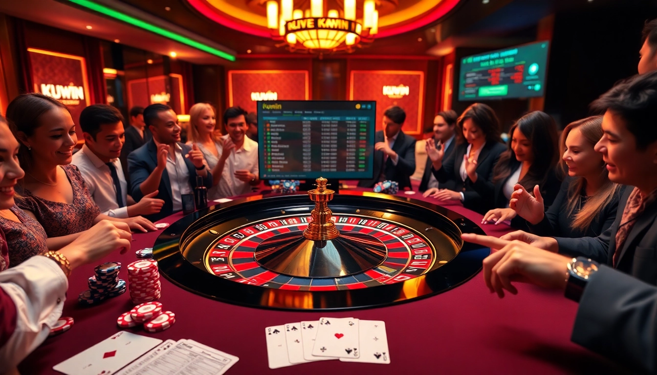 Kuwin casino scene with roulette table, excited players, and poker chips, showcasing thrilling gambling action.