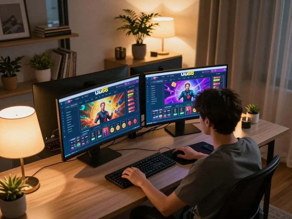 Engaging online gaming session at uu88 with multiple screens and stylish setup.