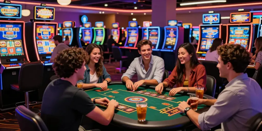 Friends enjoying casino games at vibrant venue, showcasing fun atmosphere without GamStop restrictions.