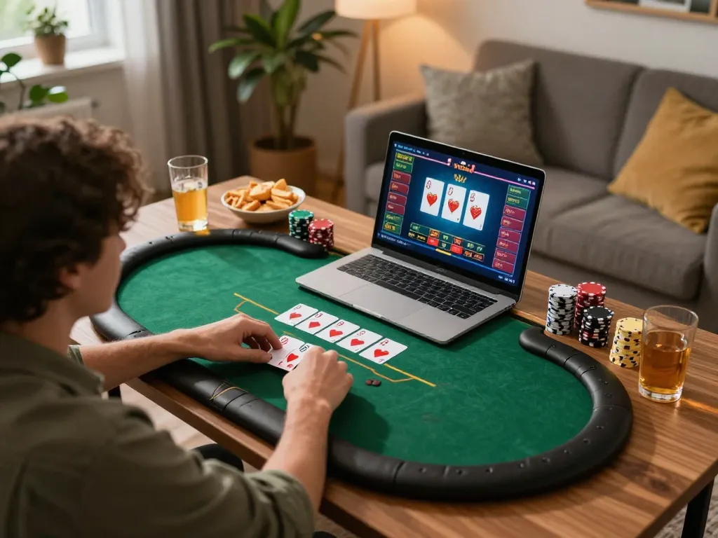 Engaged in an online casino game, sunwin user strategizes on poker at home.