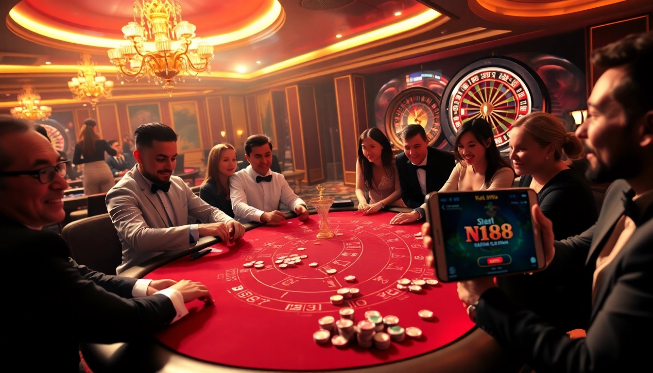 Enthusiastic players at a gaming table experience excitement at https://n188.bid/ casino.