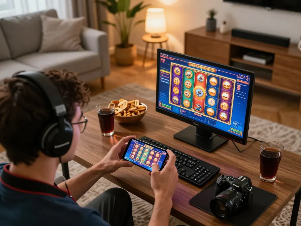 Engaging mobile gaming scene with may88 slot game on smartphone surrounded by cozy home atmosphere