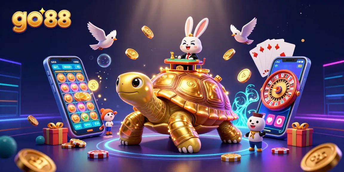 Experience go 88 with a vibrant 3D illustration featuring a golden tortoise casino and a rabbit dealer at play.