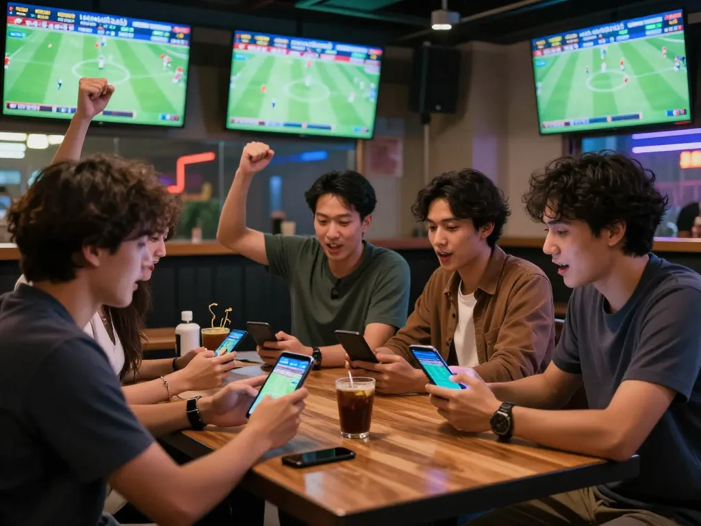 Engaged sports fans celebrating live updates on ผลบอลวันนี้ while placing bets in a vibrant sports bar.