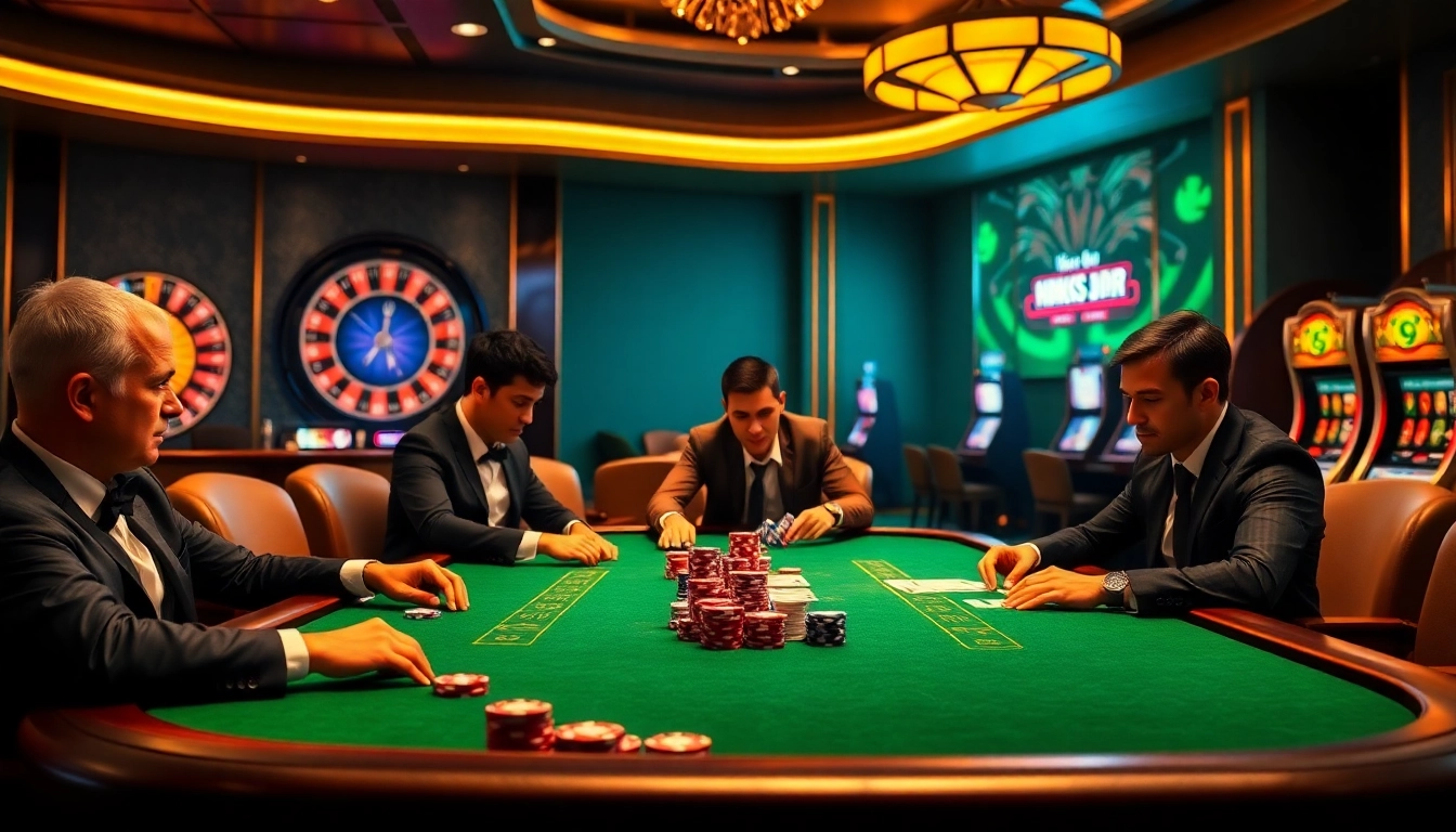 Exciting casino scene showcasing NK88 poker action with gamblers, chips, roulette, and luxury.