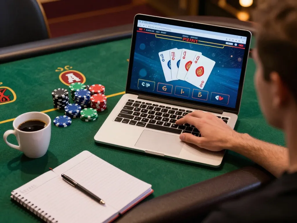 Engaged player using mb66 online casino app with poker chips and strategy notes in cozy setting