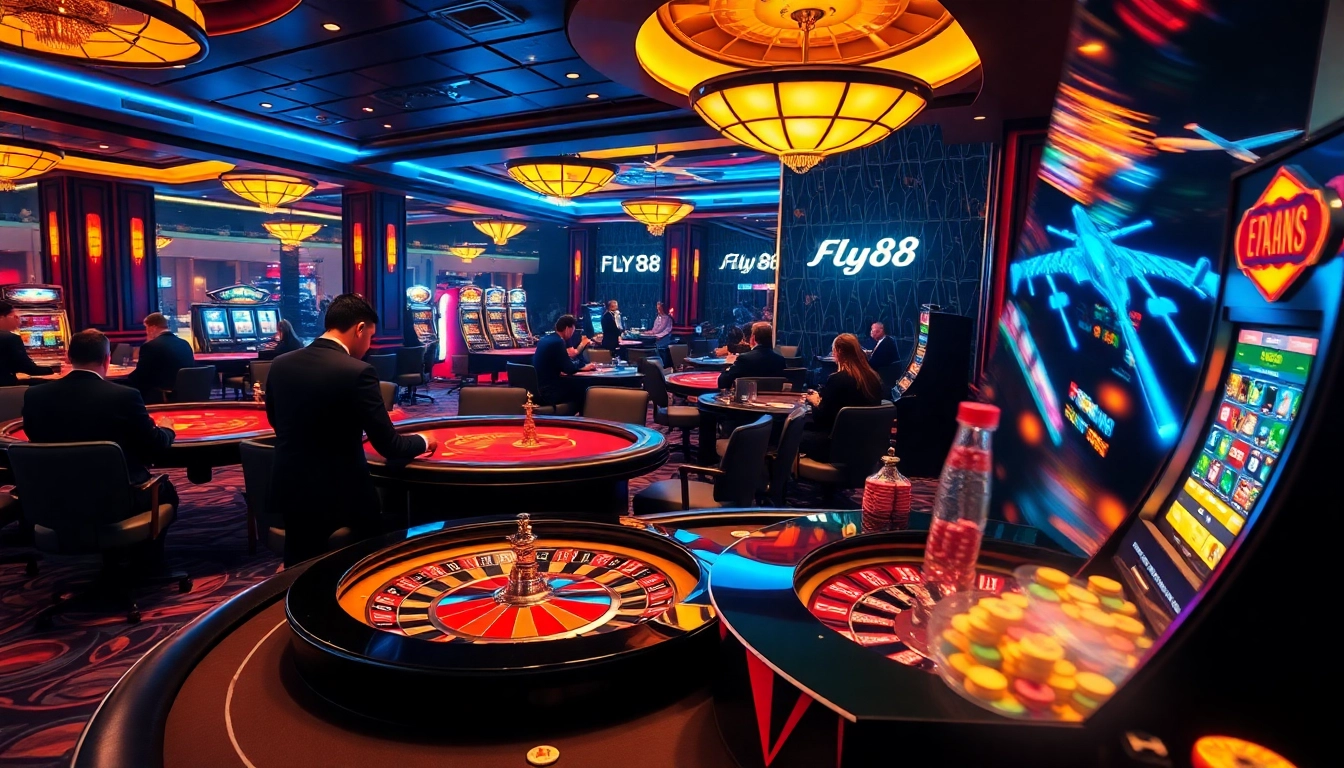 Experience the thrill of Fly88 in a luxurious casino with players at a poker table and a spinning roulette wheel.