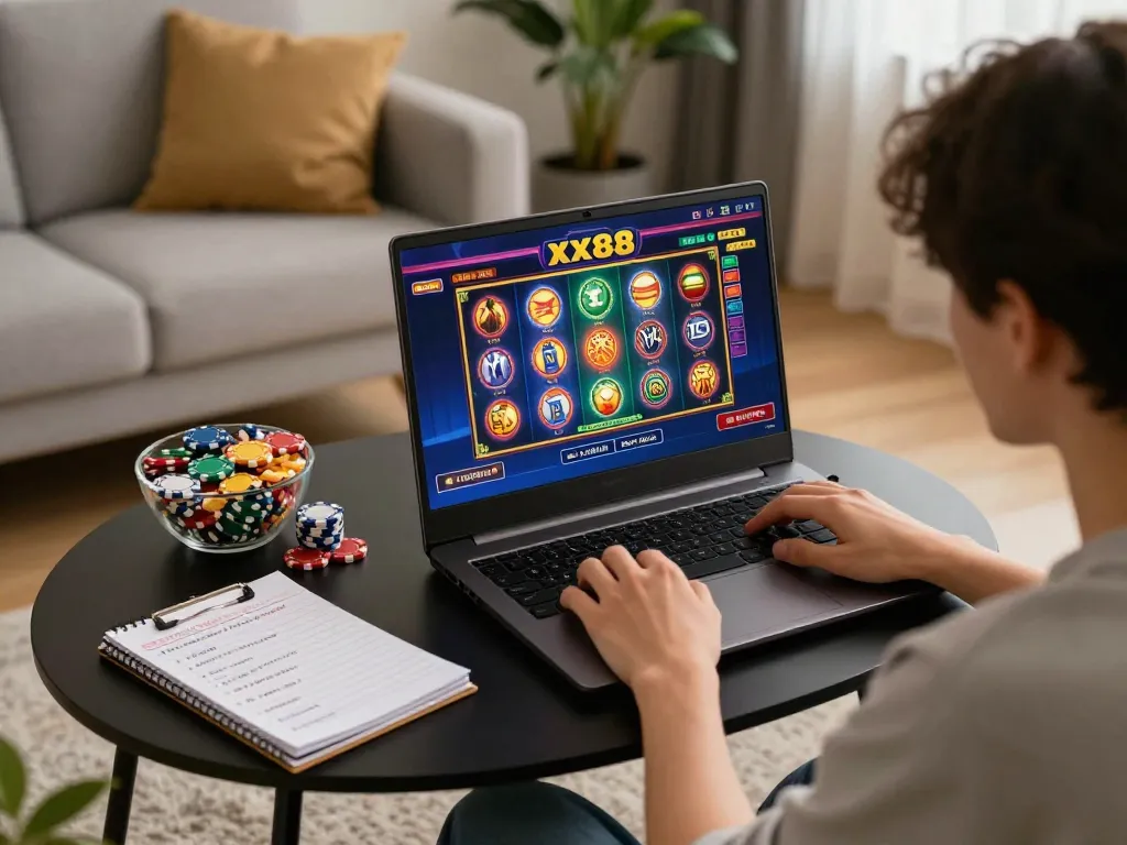 Engaged player enjoying xx88 online gaming experience on laptop with chips and strategy notes nearby.