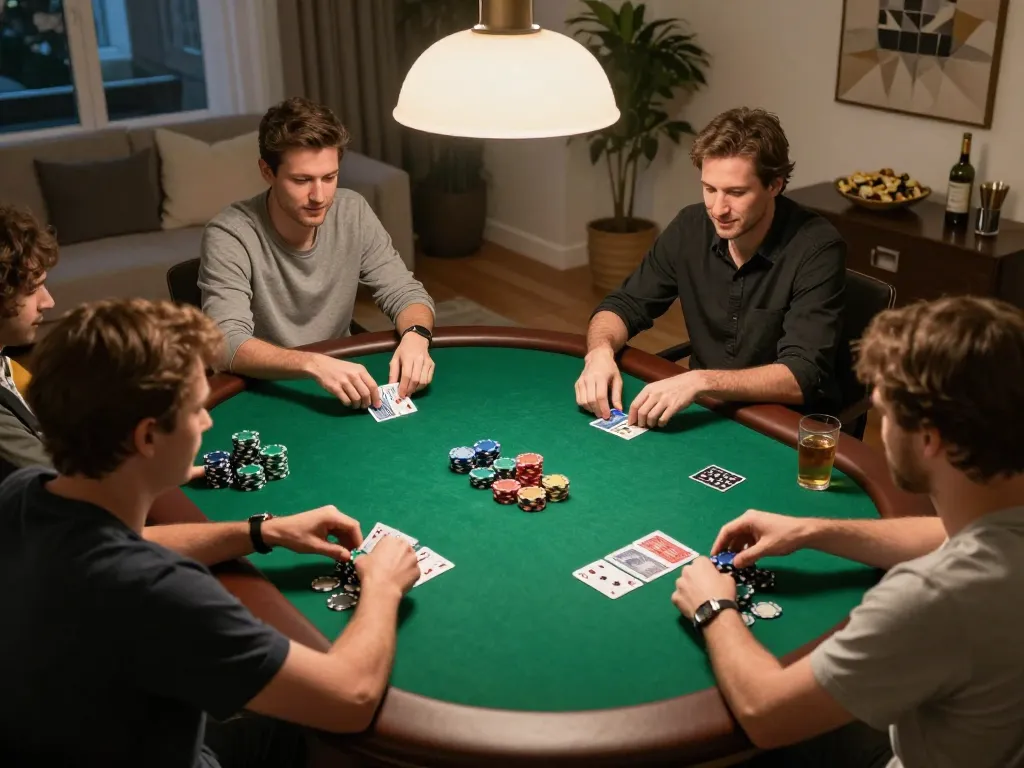 Engaging game 789win poker night at home with friends around table, strategic gameplay in progress.