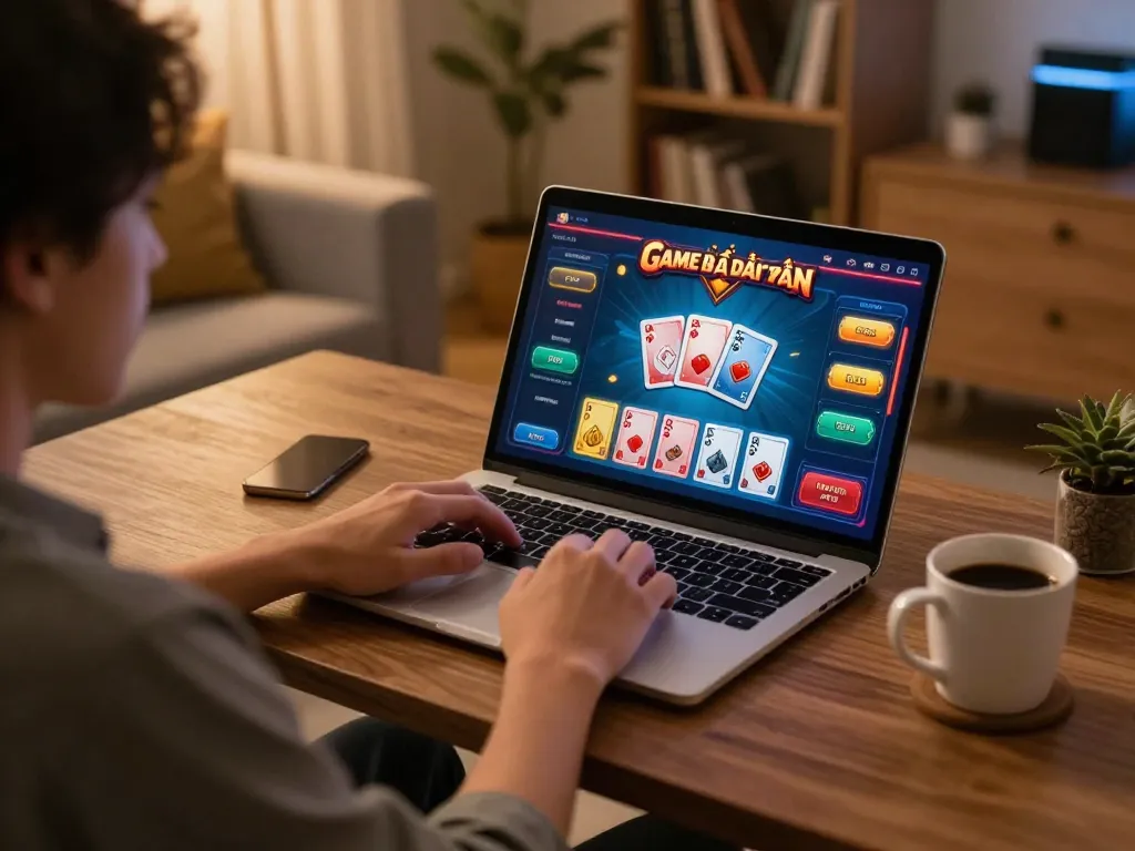 Player enjoying Game bài đổi thưởng on a laptop in a cozy home environment, reflecting responsible online gambling.