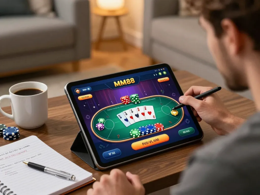 Engaging in a strategic poker game on the MM88 app, with notes and a cozy setting.