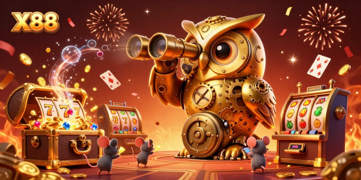 X88 players enjoying a vibrant casino environment filled with gold, slots, and confetti celebrating big wins.