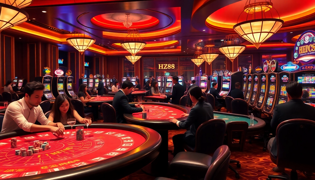 A thrilling HZ88 casino scene filled with vibrant gaming tables, poker chips, and excited players.