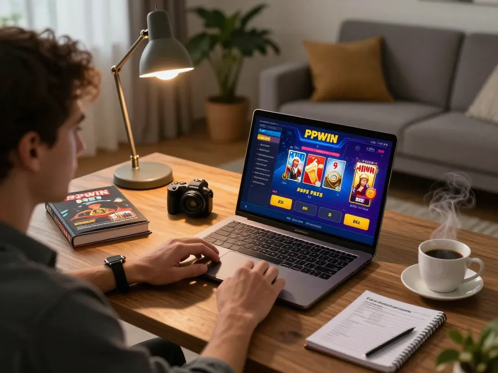 Engaging in online gaming on PP9WIN platform with a cozy home setup showcasing strategic tips
