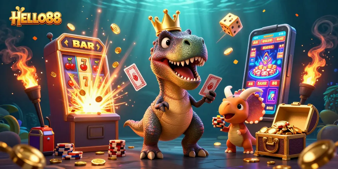 Experience thrilling moments with HELLO88 as T-Rex shuffles cards and triceratops stacks chips in a vibrant casino scene.