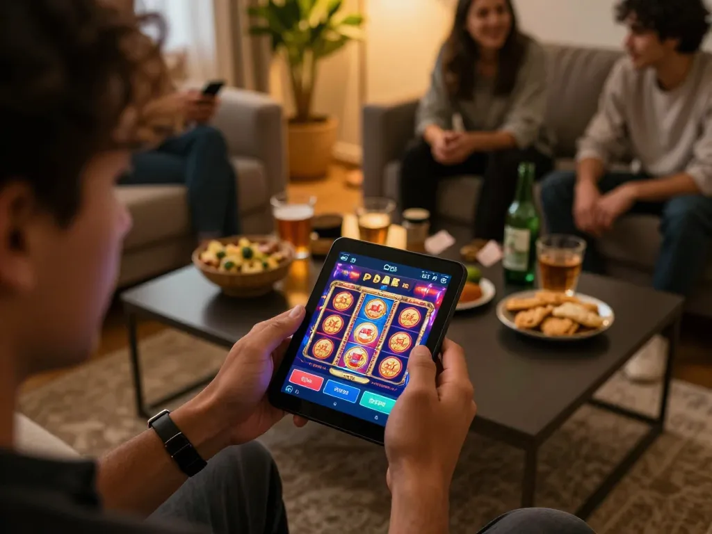 Player engaging with O8 mobile casino app during a fun home gaming night with friends, showcasing excitement and strategy