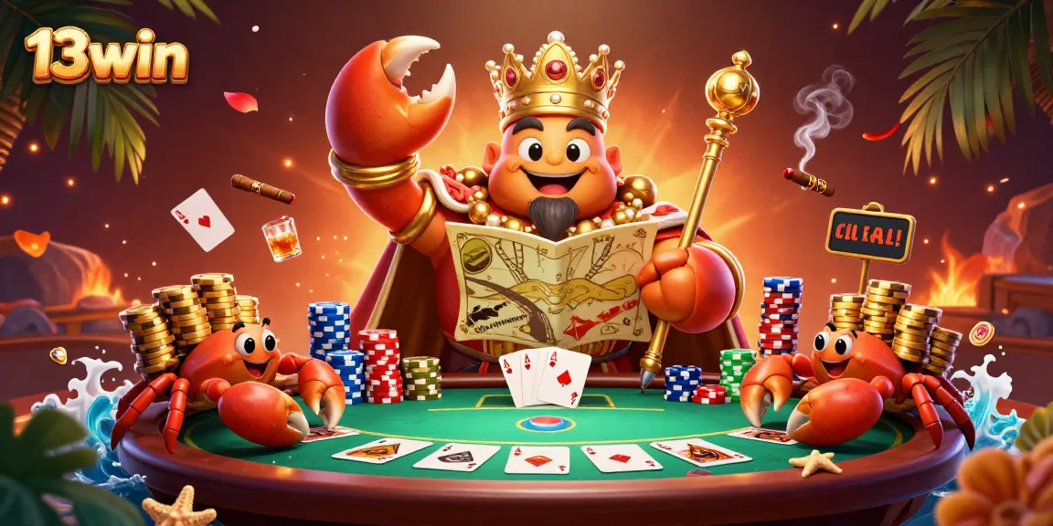 Experience thrilling gameplay with 13win as a golden crab emperor leads the action at a poker table.