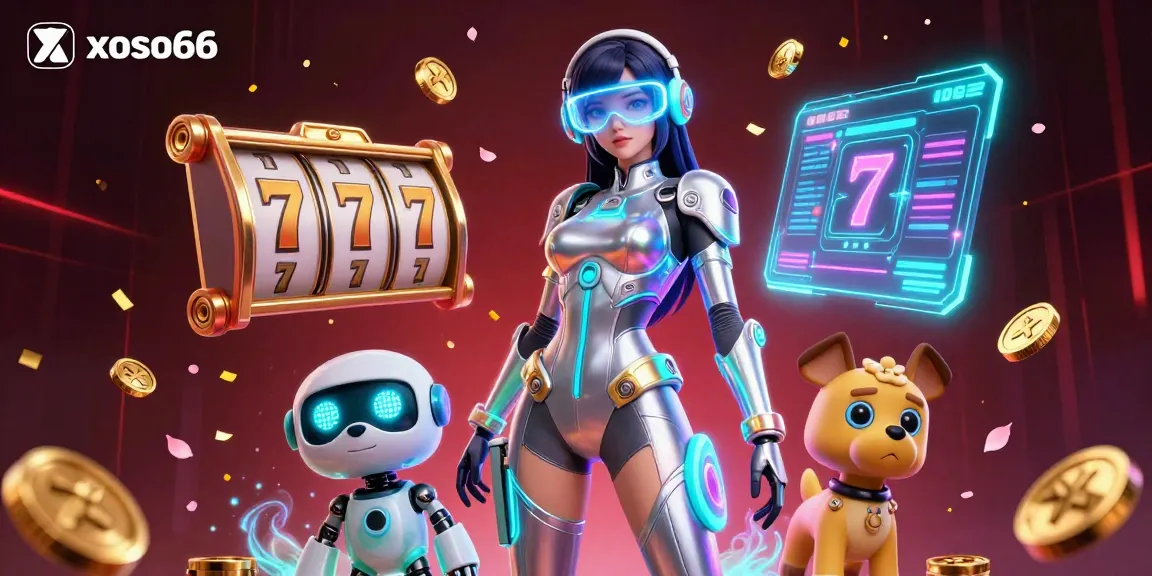 Experience thrilling gameplay with xoso66 in this vibrant 3D illustration, featuring casino elements and dynamic characters.