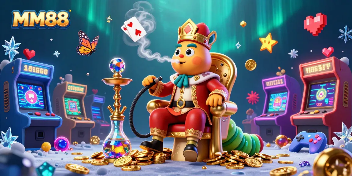 Engaging MM88 gaming scene with a whimsical caterpillar character and vibrant casino elements.