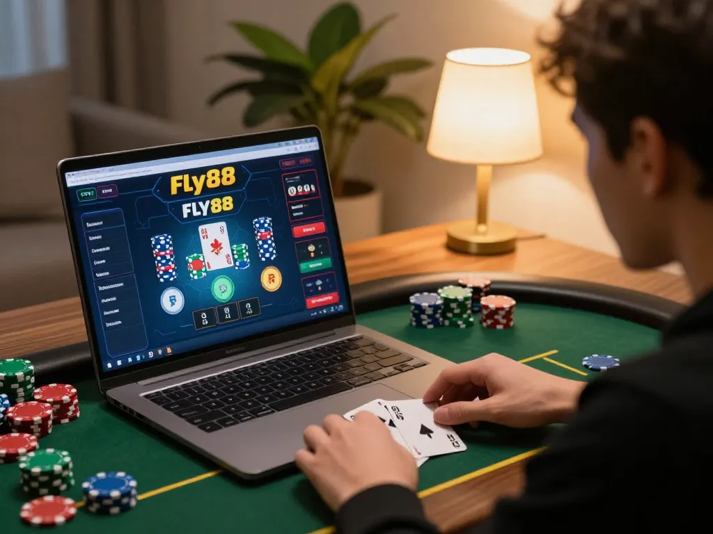 Player engaged in a high-stakes online poker game at fly88, showcasing strategic gameplay and entertainment.