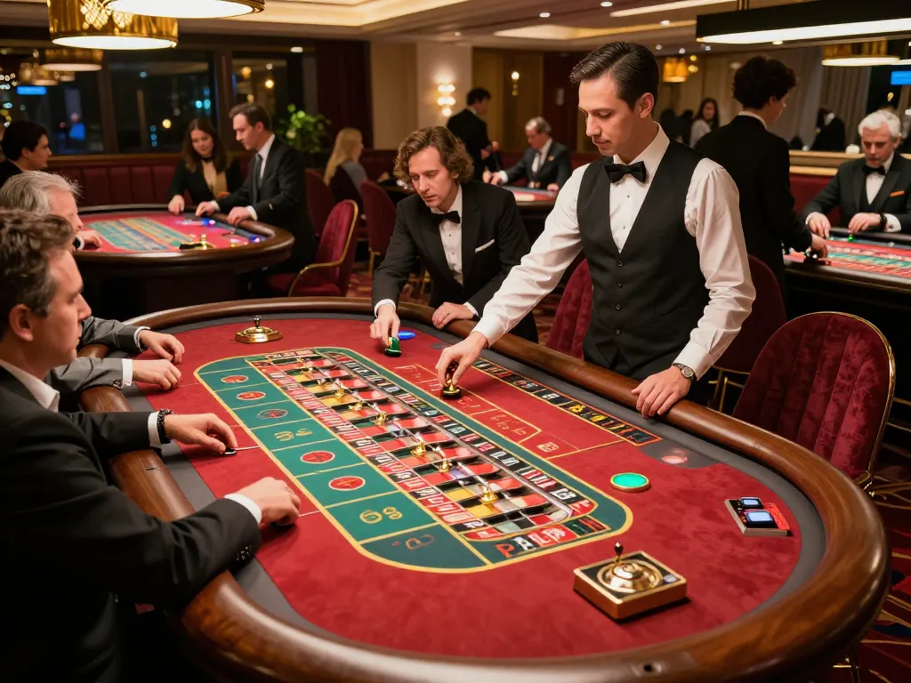 MB66 players placing bets at sophisticated roulette tables in a luxurious casino setting