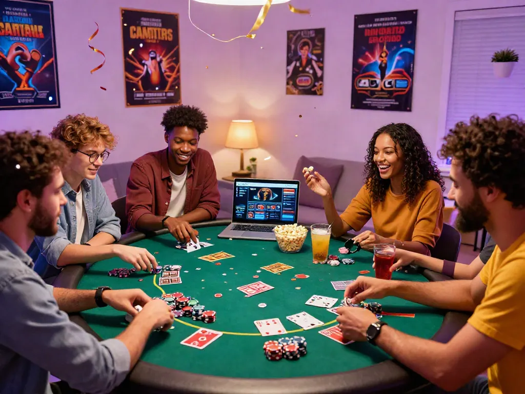 Friends enjoying casino night with games not on Gamstop, colorful chips and festive snacks.