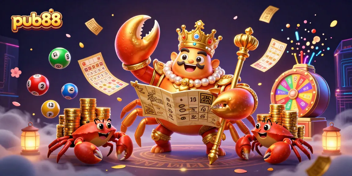 Engage with pub88's exciting gameplay featuring a golden crab emperor amidst colorful lottery elements.