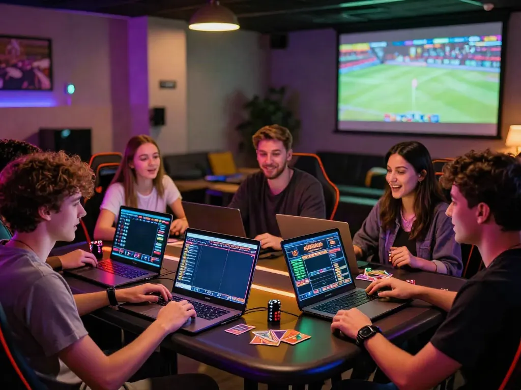 Friends engaged in gaming discussion about casino not on gamstop options with vibrant screens.