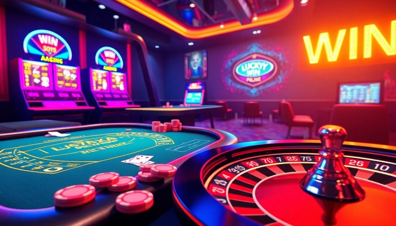 Engaging scene of online gaming with LuckyWin poker table, vibrant colors, and dynamic slot machines.