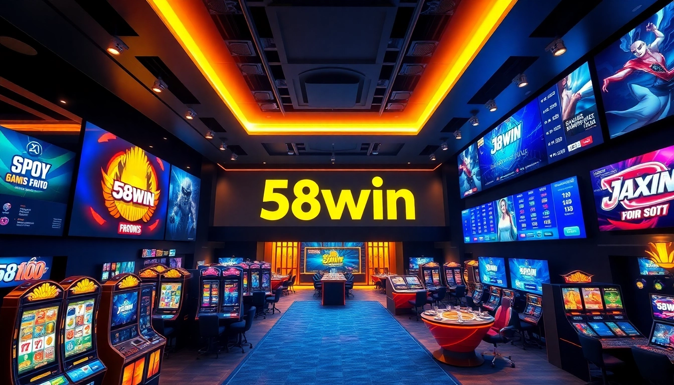 Exciting scene of the 58win online casino with players and vibrant game displays.