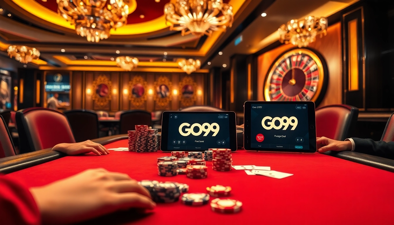 Experience the excitement of Go99 with a vibrant casino scene filled with luxurious poker tables and gaming elements.