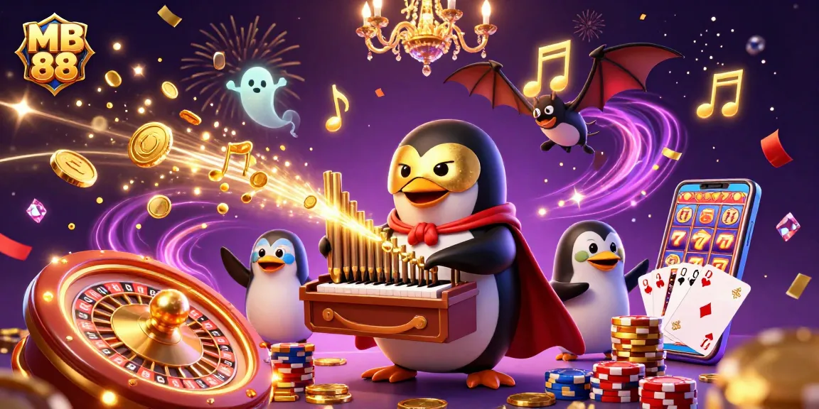 Experience the thrill of MB 88 as the penguin plays and coins cascade in a vibrant casino scene.