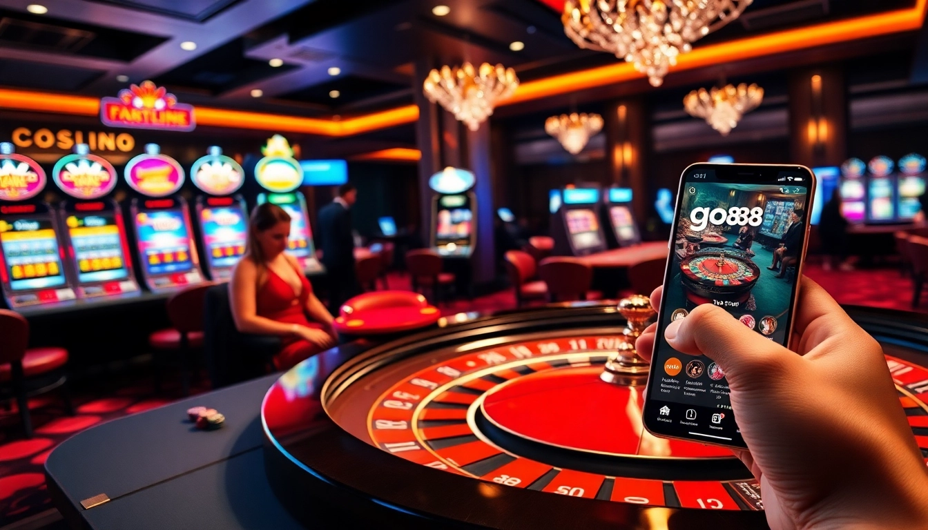 Exciting casino scene showcasing go88 app on a smartphone with vibrant poker and roulette action.