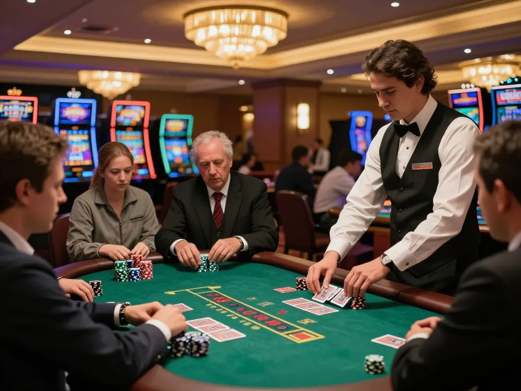GA28 blackjack table with players placing bets and chips in upscale casino setting